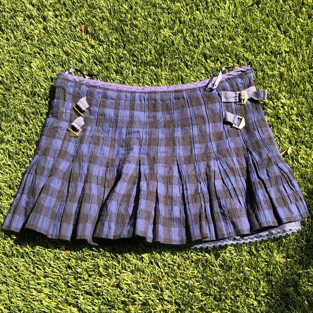 Free People plaid pleated mini skirt with lace lining in blue and black